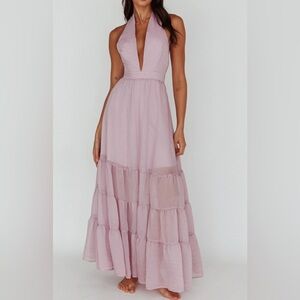 Pink Tiered Maxi Dress with Plunge Neckline for Prom